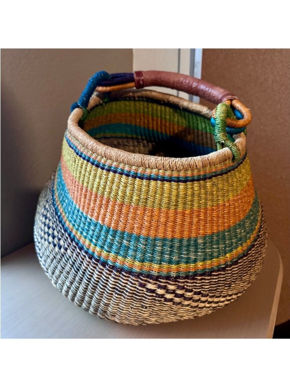 Colorful Woven Bolga Market Basket Leather Handle - Picture 10 of 10